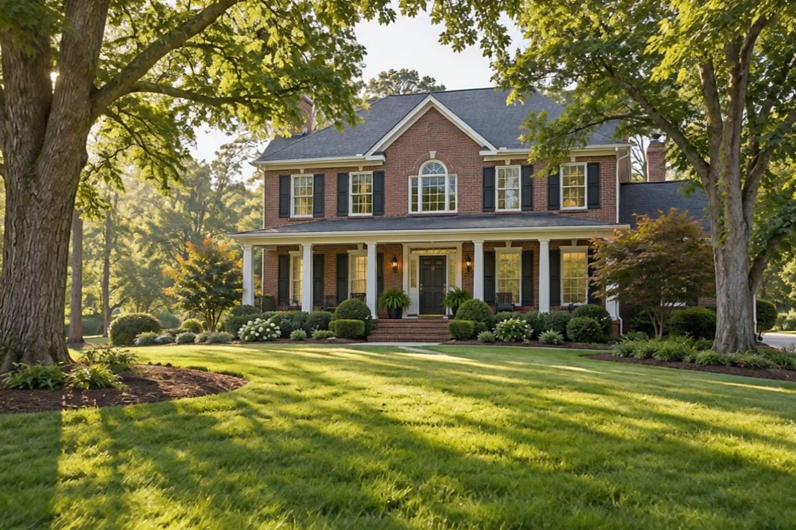 A red-brick Kentucky colonial at golden hour, AI-generated illustrative footage