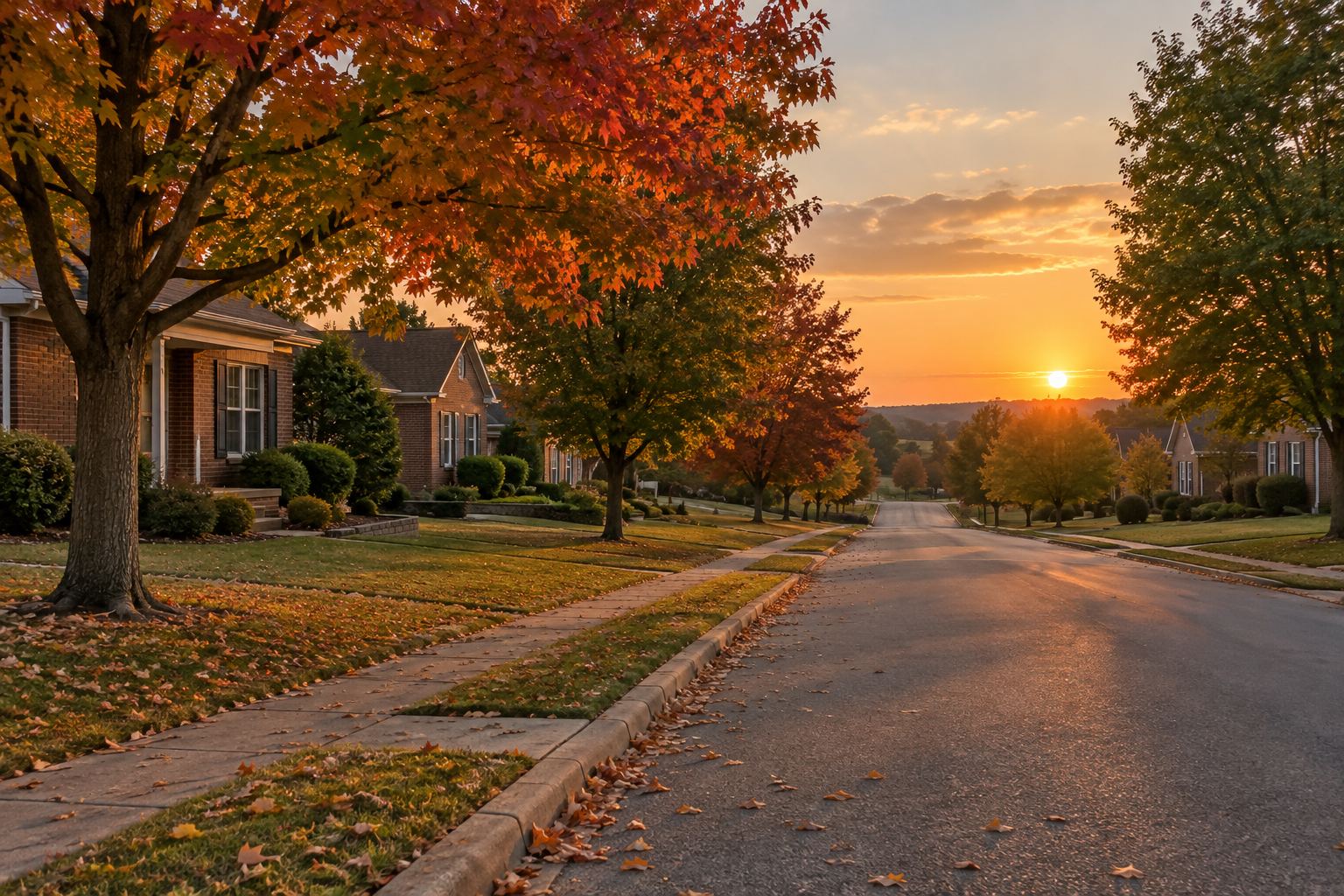 A Lexington residential street at sunset, illustrative